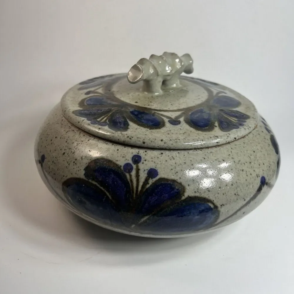 Vintage Studio Art Pottery Stoneware w Lid Blue Purple Speckled Brown Signed 9”